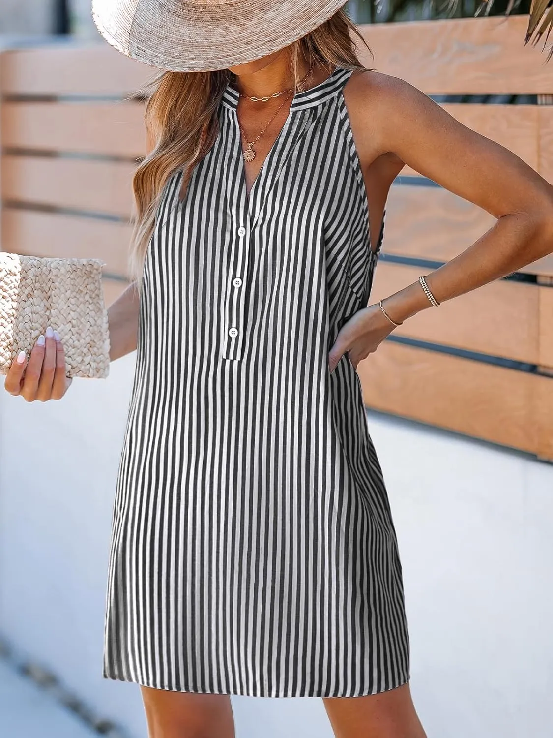 CUPSHE Women Striped Summer Dress Split V Neck Sleeveless Button Up A Line Casual Beach Vacation Holiday Mini Dress