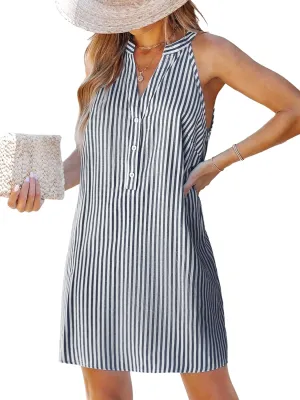 CUPSHE Women Striped Summer Dress Split V Neck Sleeveless Button Up A Line Casual Beach Vacation Holiday Mini Dress