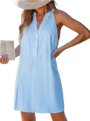 CUPSHE Women Striped Summer Dress Split V Neck Sleeveless Button Up A Line Casual Beach Vacation Holiday Mini Dress
