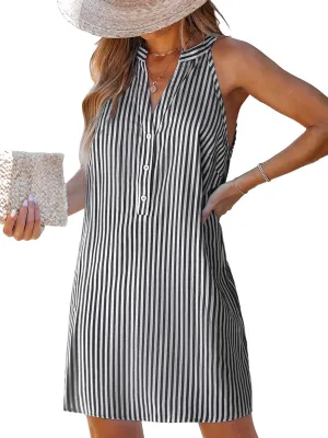 CUPSHE Women Striped Summer Dress Split V Neck Sleeveless Button Up A Line Casual Beach Vacation Holiday Mini Dress