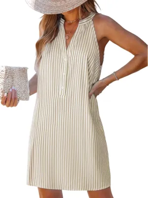 CUPSHE Women Striped Summer Dress Split V Neck Sleeveless Button Up A Line Casual Beach Vacation Holiday Mini Dress