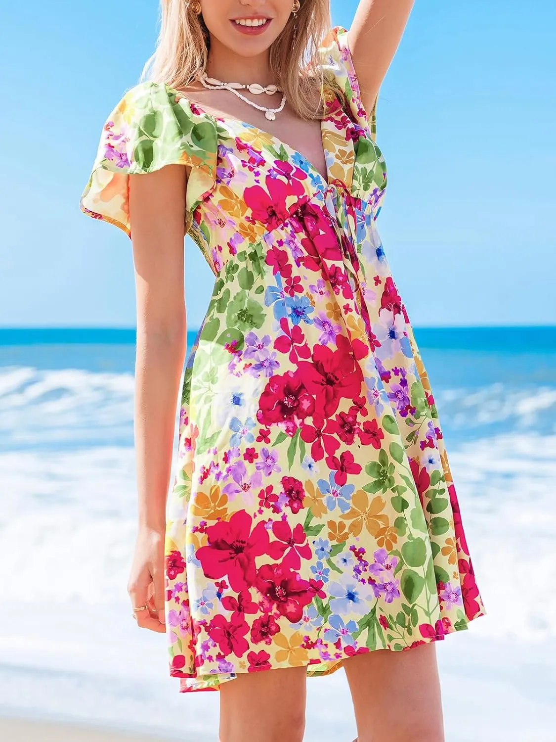 CUPSHE Women's Boho Floral Print V Neck Short Sleeve Mini Dress Summer Beach Short Dress