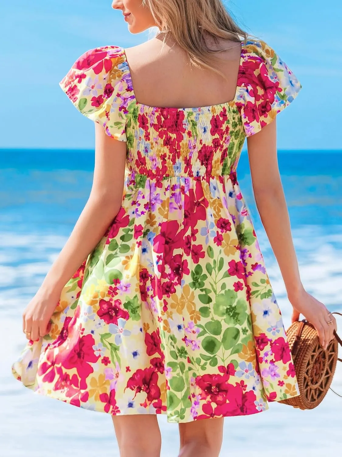 CUPSHE Women's Boho Floral Print V Neck Short Sleeve Mini Dress Summer Beach Short Dress