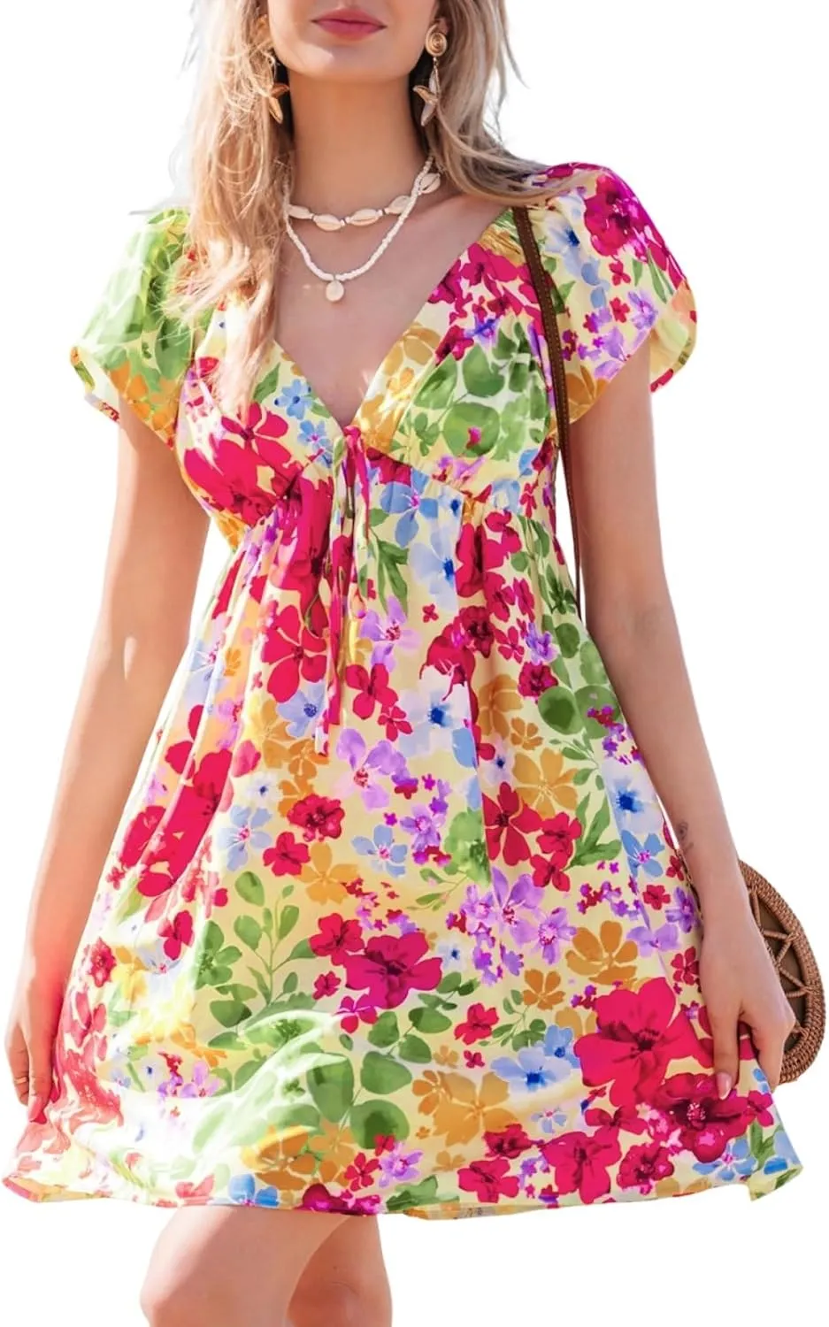 CUPSHE Women's Boho Floral Print V Neck Short Sleeve Mini Dress Summer Beach Short Dress