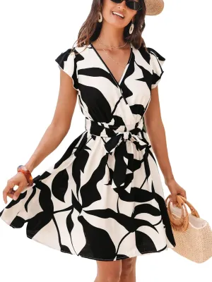 CUPSHE Women's Floral Mini Dress V Neck Short Sleeve Waist Tie Ruffle Wrap Summer Short Dress