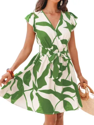 CUPSHE Women's Floral Mini Dress V Neck Short Sleeve Waist Tie Ruffle Wrap Summer Short Dress