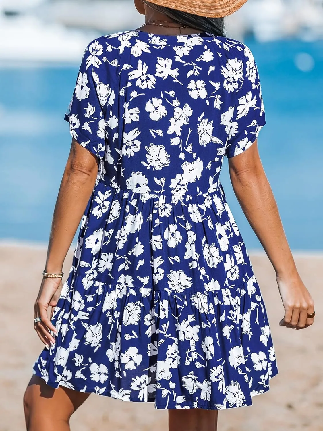 CUPSHE Women's Floral Notched V Neck Short Dress Ruffle A Line Short Sleeve Summer Mini Dresses