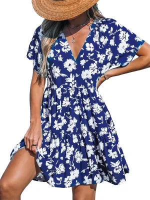 CUPSHE Women's Floral Notched V Neck Short Dress Ruffle A Line Short Sleeve Summer Mini Dresses