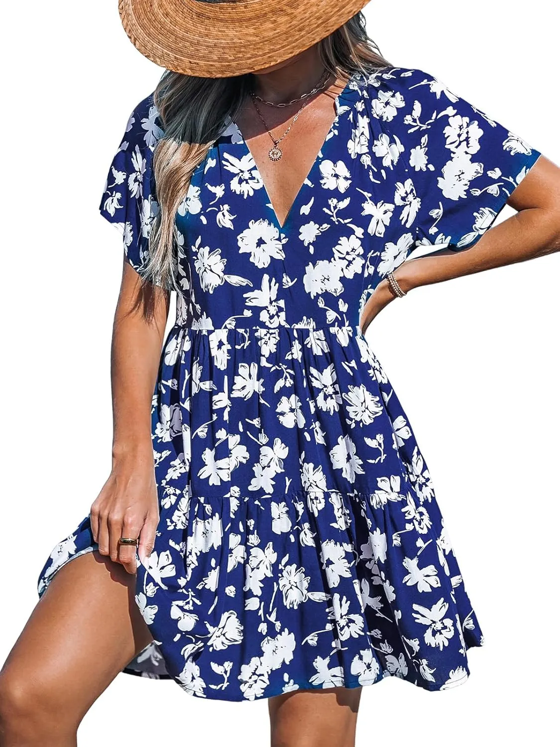 CUPSHE Women's Floral Notched V Neck Short Dress Ruffle A Line Short Sleeve Summer Mini Dresses