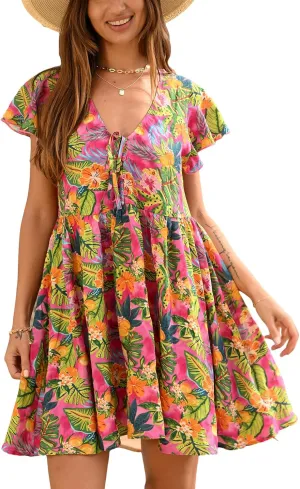CUPSHE Women's Floral Printed Mini Dress Ruffle Sleeve Tie Front Summer Short Dresses