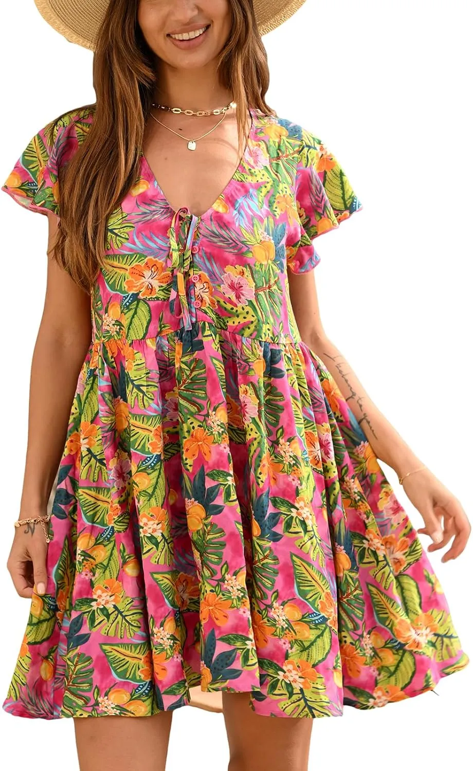 CUPSHE Women's Floral Printed Mini Dress Ruffle Sleeve Tie Front Summer Short Dresses
