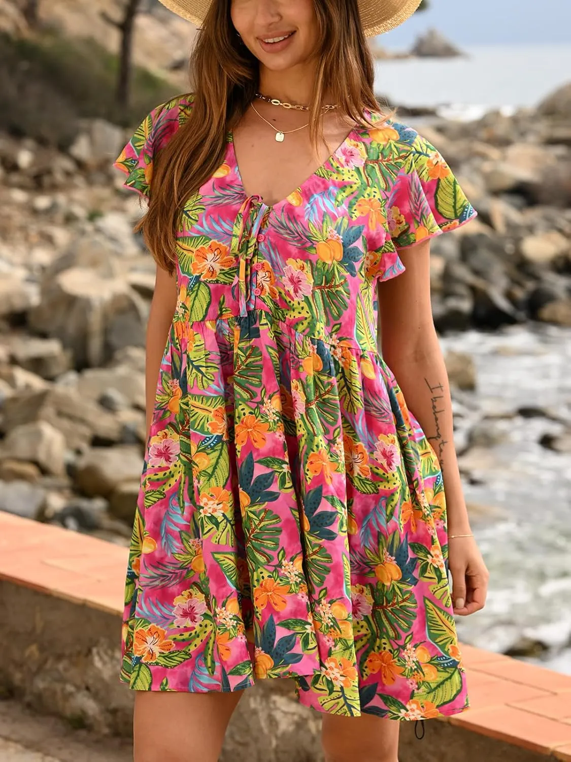 CUPSHE Women's Floral Printed Mini Dress Ruffle Sleeve Tie Front Summer Short Dresses