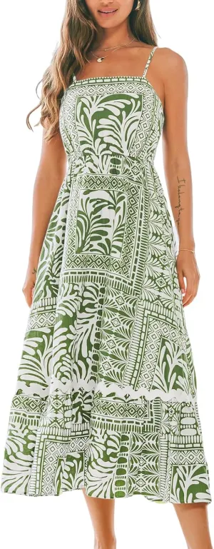 CUPSHE Women's Floral Printed Square Neck Sleeveless Smocked Beach Flowy Maxi Dress