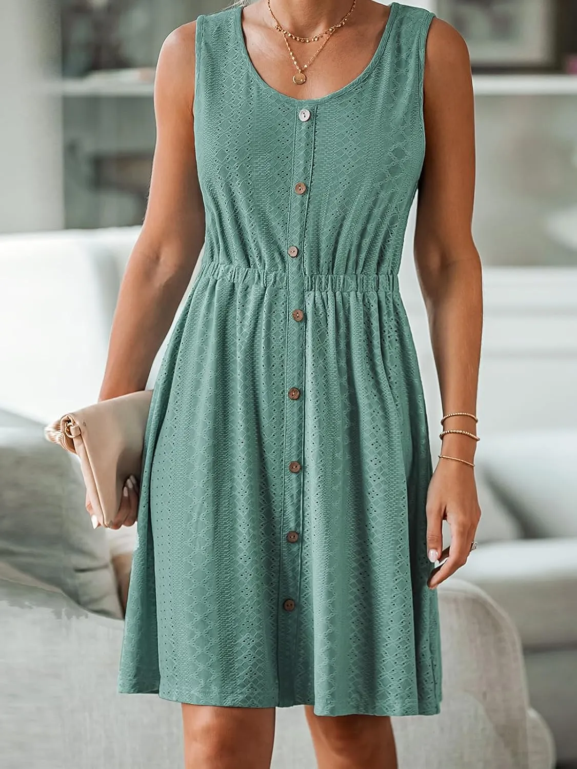 CUPSHE Women's Hollow Out Mini Dress Cover Up Ribbed Knit Scoop Neck Sleeveless Beach Spring Summer Dresses
