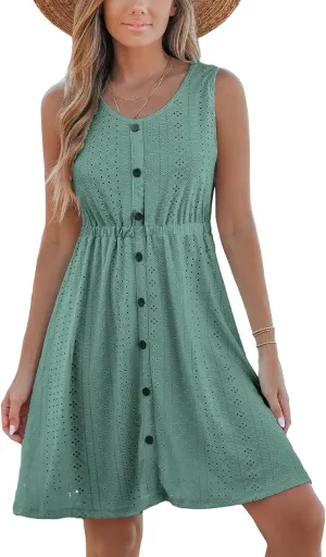 CUPSHE Women's Hollow Out Mini Dress Cover Up Ribbed Knit Scoop Neck Sleeveless Beach Spring Summer Dresses