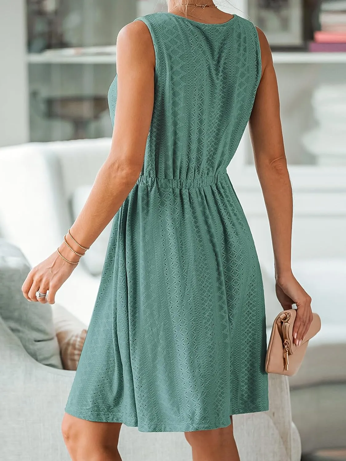 CUPSHE Women's Hollow Out Mini Dress Cover Up Ribbed Knit Scoop Neck Sleeveless Beach Spring Summer Dresses