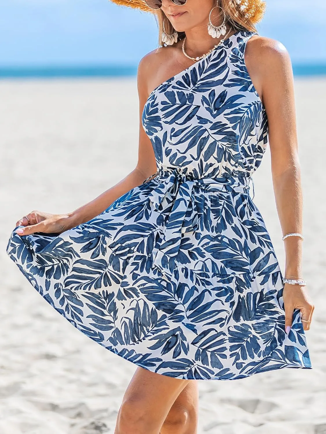 CUPSHE Women's One Shoulder Beach Dress Sleeveless Tie Waist Mini Summer Casual Dresses