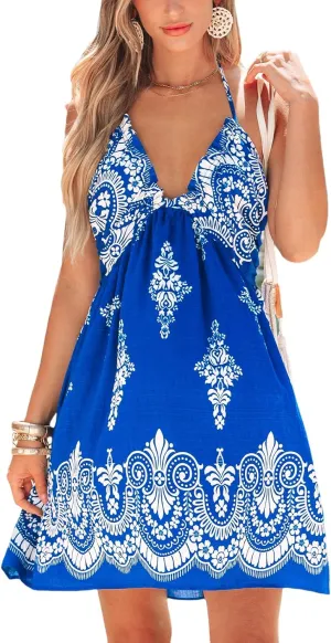 CUPSHE Women's Paisley Mini Dress Plunging V Neck Halter Backless Summer Beach Party Dress Sleeveless Casual Sundress
