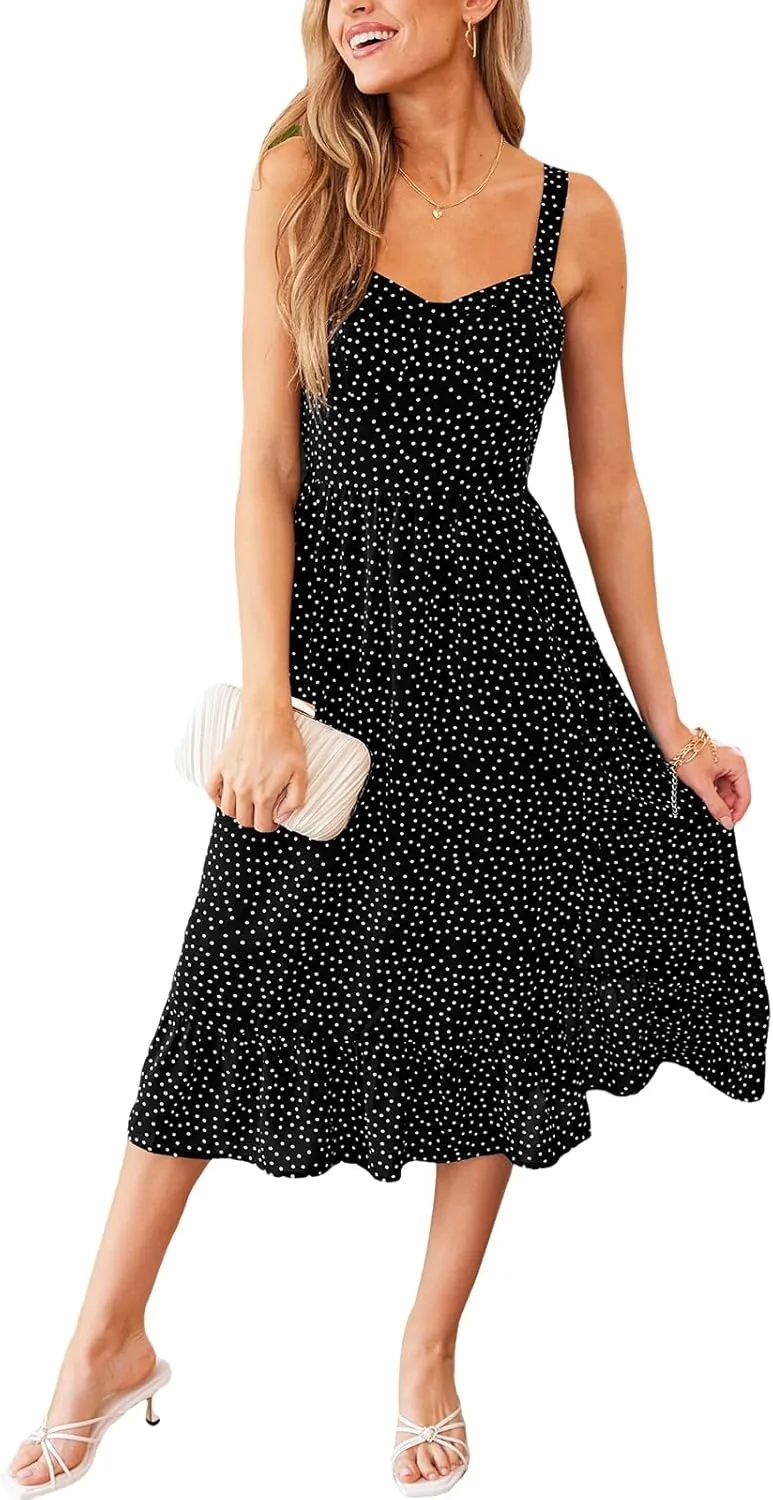 CUPSHE Women's Polka Dots Midi Dress Ruffled Spaghetti Strap Sleeveless Flowy Split Summer Sundress