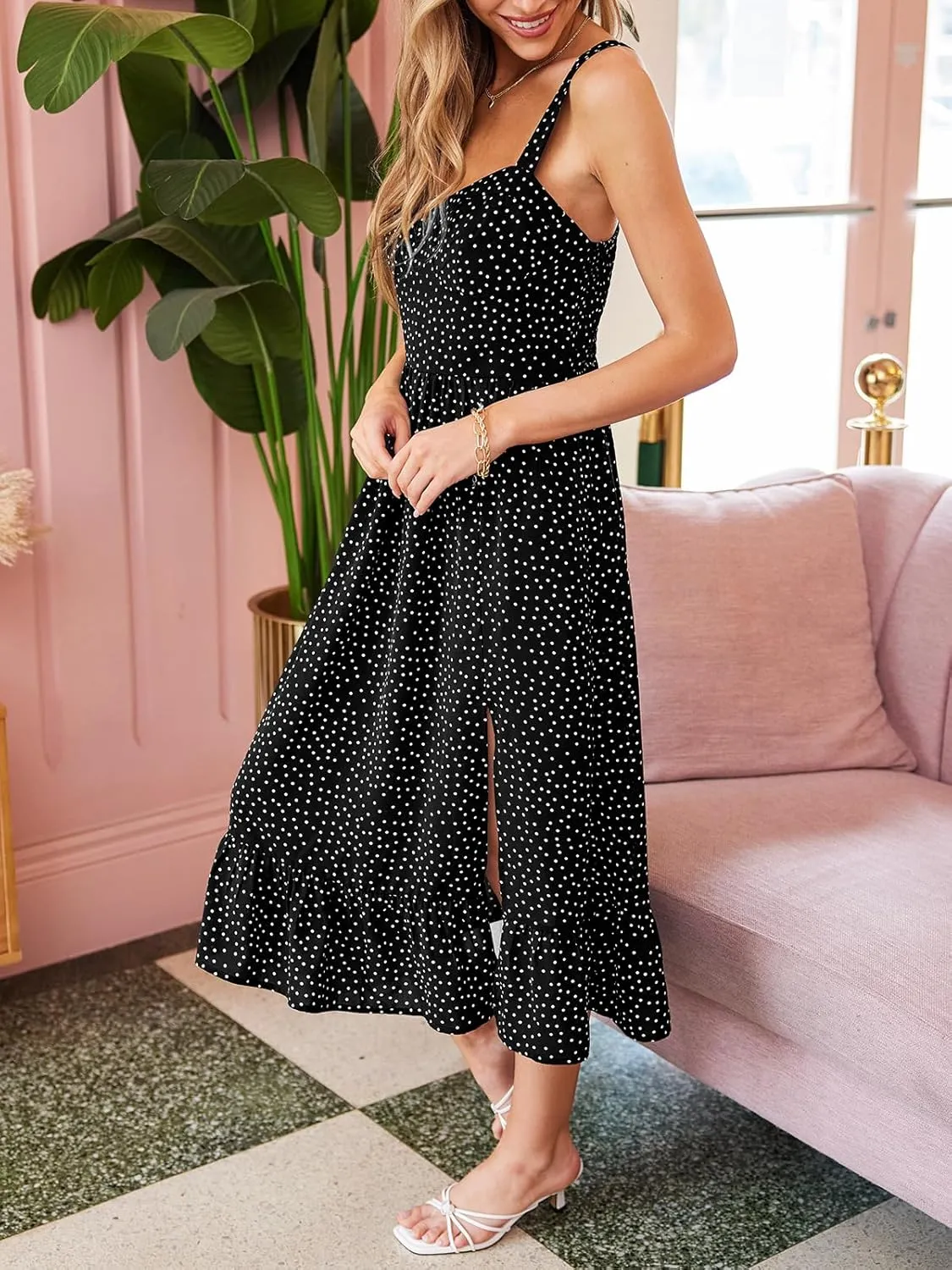 CUPSHE Women's Polka Dots Midi Dress Ruffled Spaghetti Strap Sleeveless Flowy Split Summer Sundress