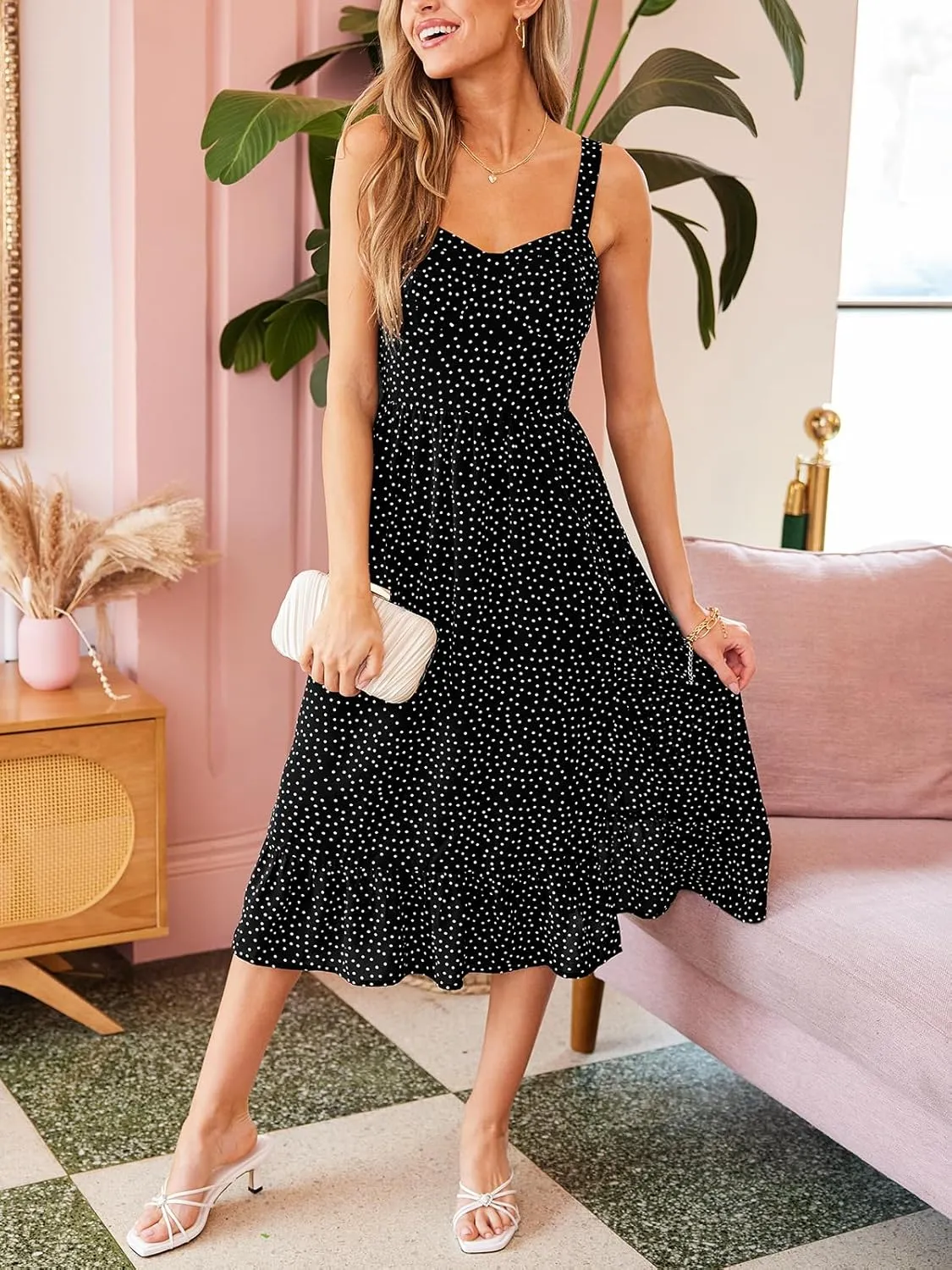 CUPSHE Women's Polka Dots Midi Dress Ruffled Spaghetti Strap Sleeveless Flowy Split Summer Sundress