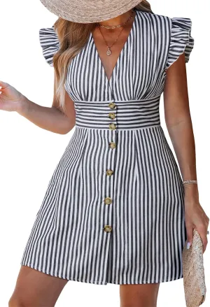 CUPSHE Women's Striped Flutter Sleeve Mini Dress Ruffle Button V Neck Summer Casual Dresses