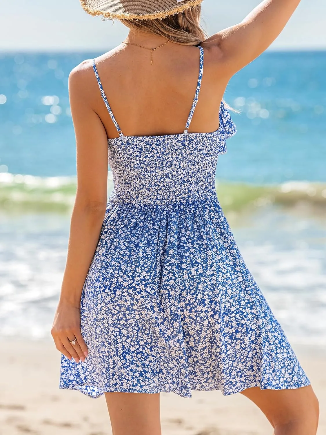 CUPSHE Women's Summer Beach Mini Dress Floral V Neck Spaghetti Strap Ruffle Cami Short Dress