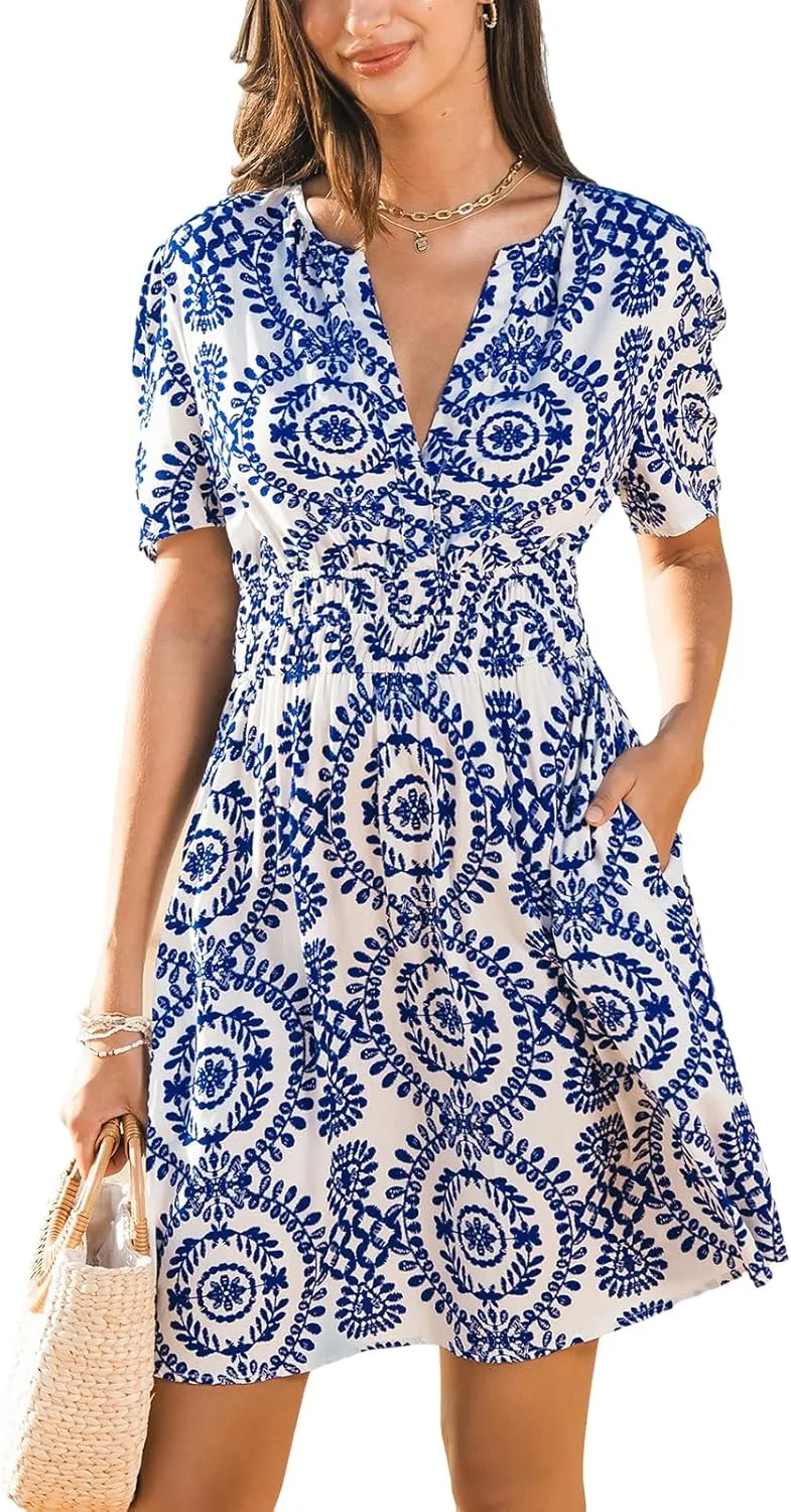 CUPSHE Women's Summer Beach Mini Dress Paisley V Neck Short Sleeve High Waist Elastic Short Dresses