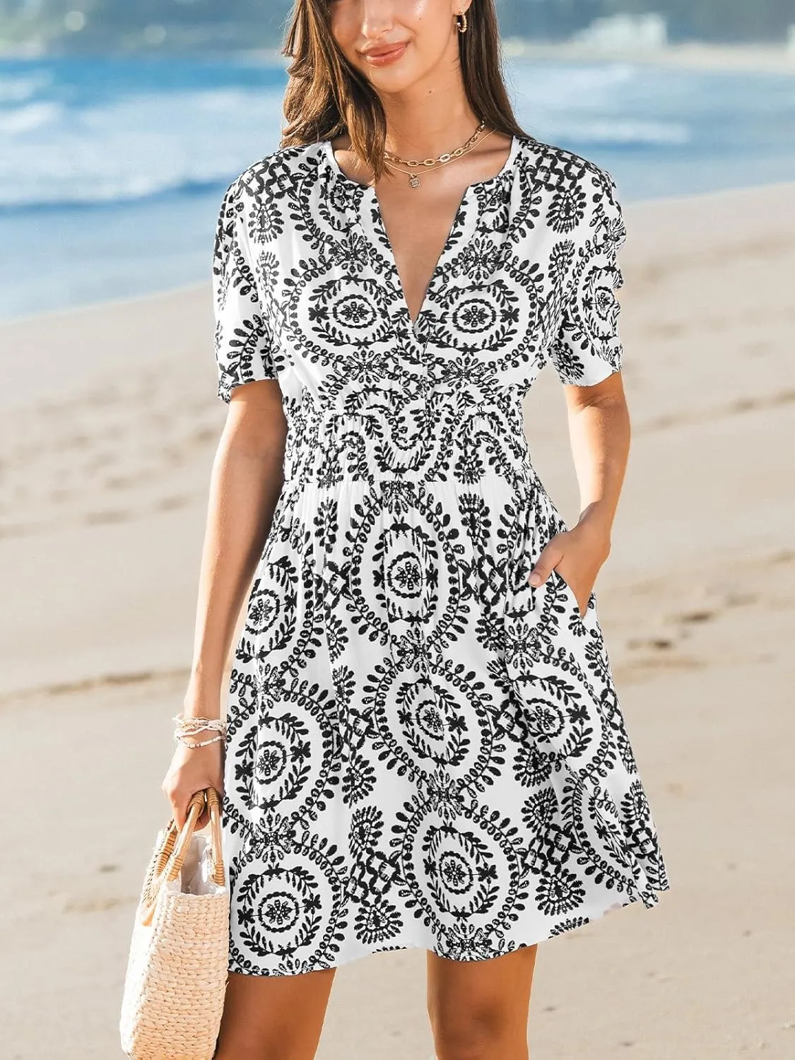 CUPSHE Women's Summer Beach Mini Dress Paisley V Neck Short Sleeve High Waist Elastic Short Dresses