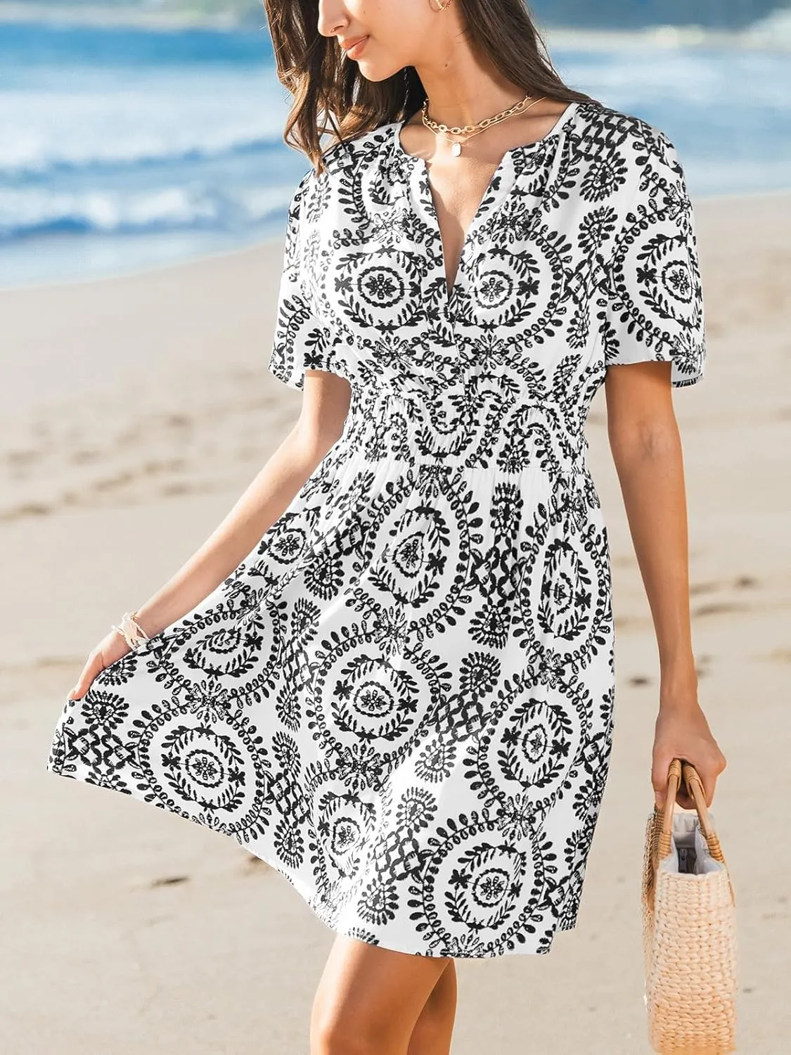 CUPSHE Women's Summer Beach Mini Dress Paisley V Neck Short Sleeve High Waist Elastic Short Dresses