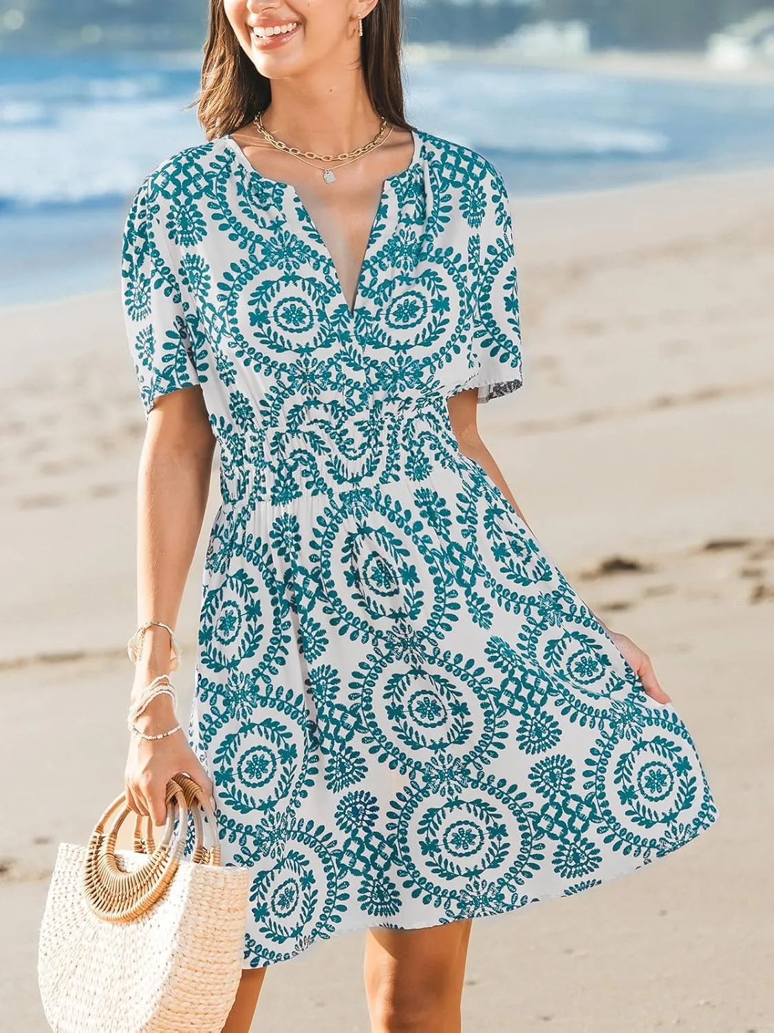 CUPSHE Women's Summer Beach Mini Dress Paisley V Neck Short Sleeve High Waist Elastic Short Dresses