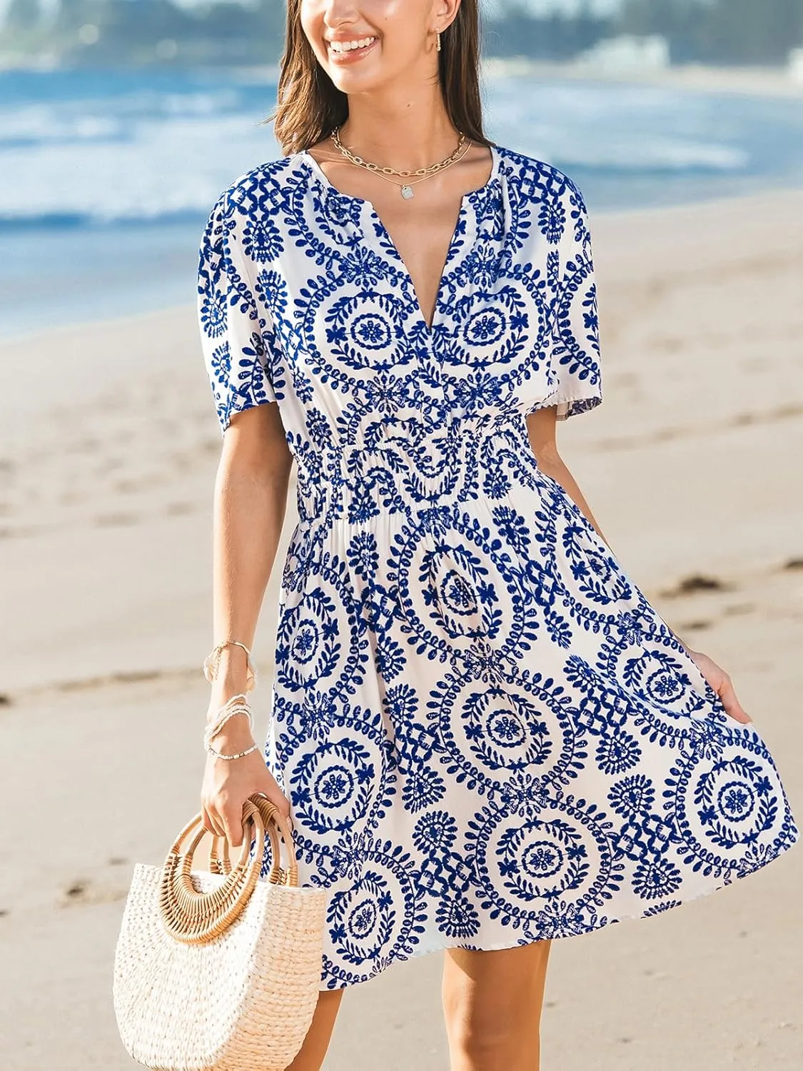 CUPSHE Women's Summer Beach Mini Dress Paisley V Neck Short Sleeve High Waist Elastic Short Dresses