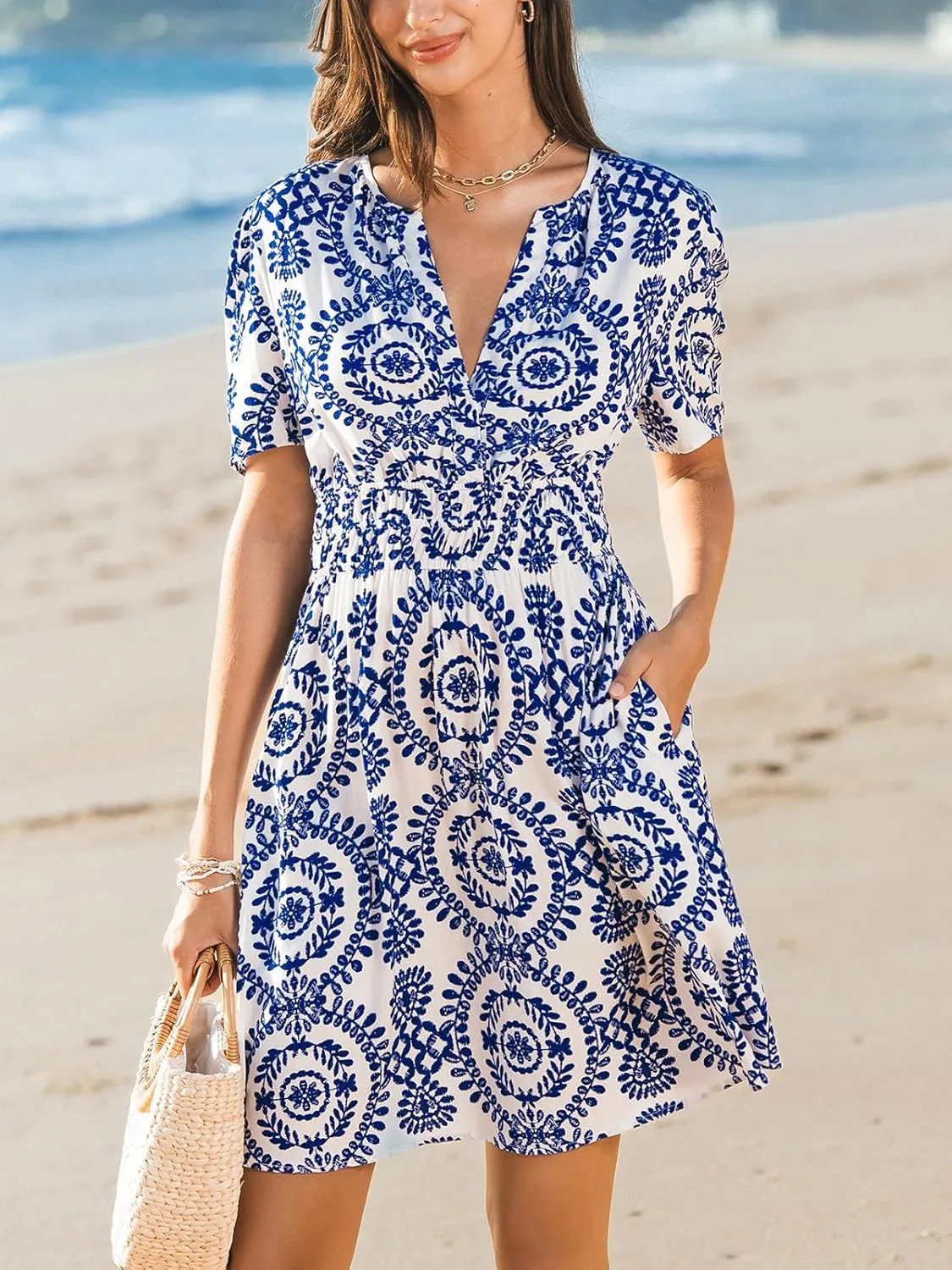 CUPSHE Women's Summer Beach Mini Dress Paisley V Neck Short Sleeve High Waist Elastic Short Dresses