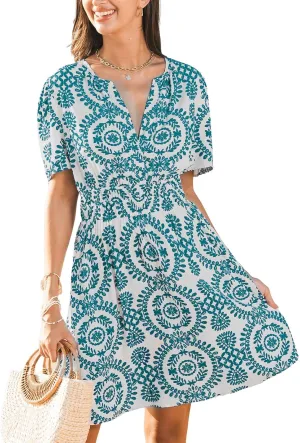 CUPSHE Women's Summer Beach Mini Dress Paisley V Neck Short Sleeve High Waist Elastic Short Dresses