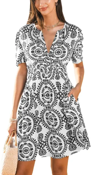 CUPSHE Women's Summer Beach Mini Dress Paisley V Neck Short Sleeve High Waist Elastic Short Dresses