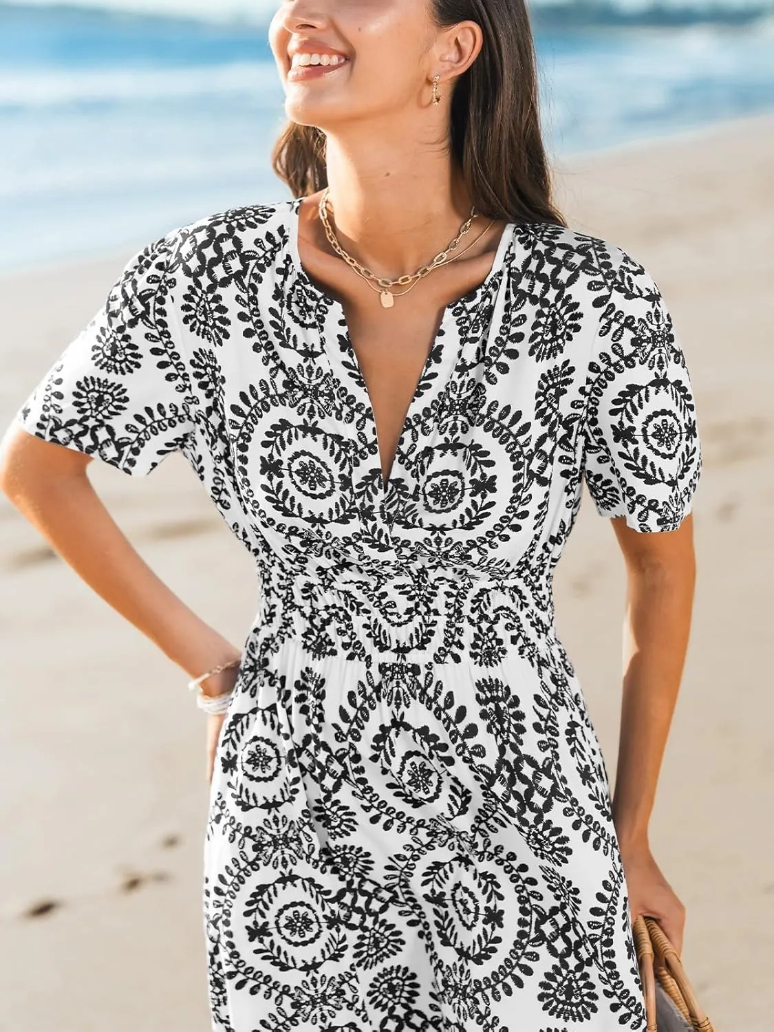 CUPSHE Women's Summer Beach Mini Dress Paisley V Neck Short Sleeve High Waist Elastic Short Dresses