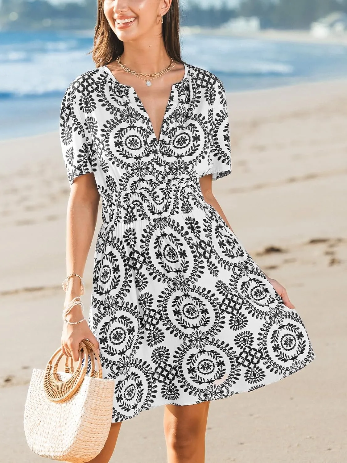 CUPSHE Women's Summer Beach Mini Dress Paisley V Neck Short Sleeve High Waist Elastic Short Dresses