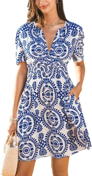 CUPSHE Women's Summer Beach Mini Dress Paisley V Neck Short Sleeve High Waist Elastic Short Dresses