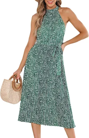 CUPSHE Women's Summer Dot Print Halter Neck Midi Dress Tie Waist Sleeveless Flowy Beach Sundress