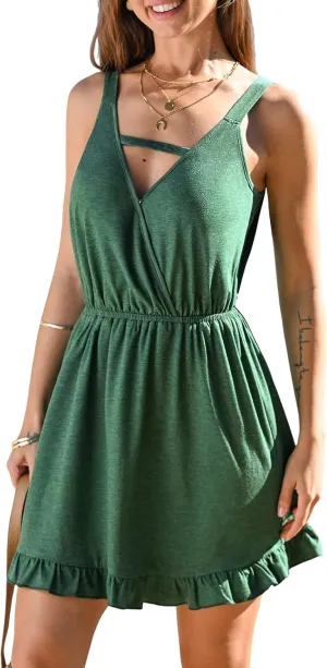 CUPSHE Women's Summer Elastic Waist Sleeveless V Neck Mini Dress Ruffle Casual Loose Short Sundress