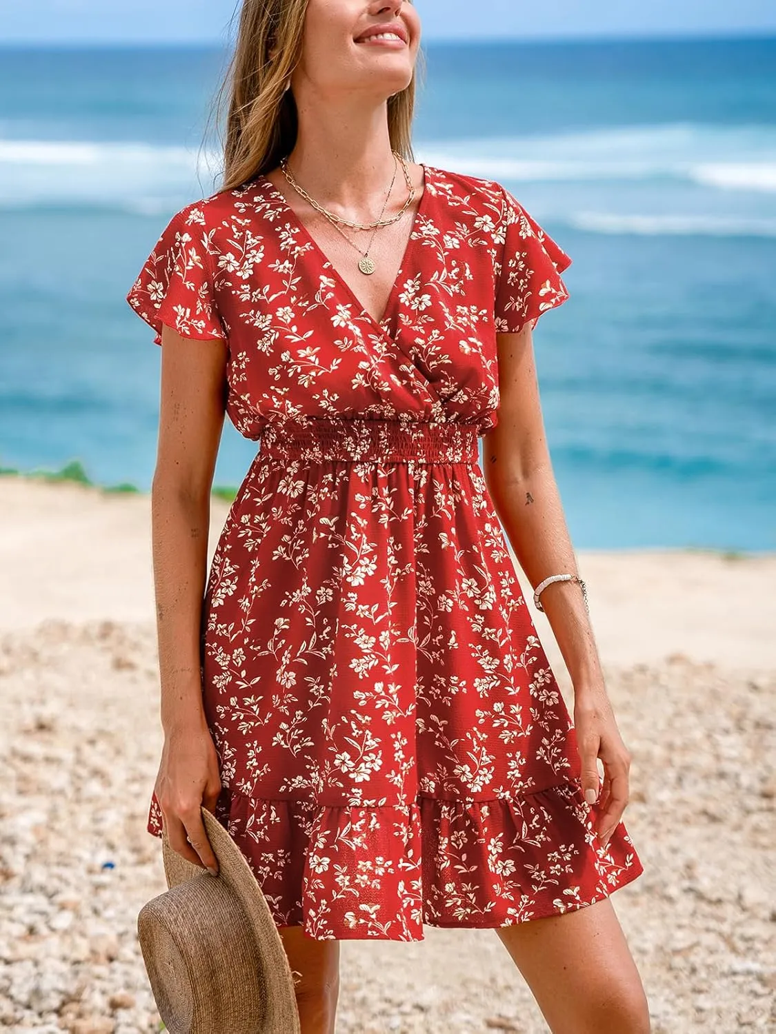 CUPSHE Women's Summer Floral Mini Dress Ruffle Trim Short Sleeve Smocked Waist Beach Short Dress