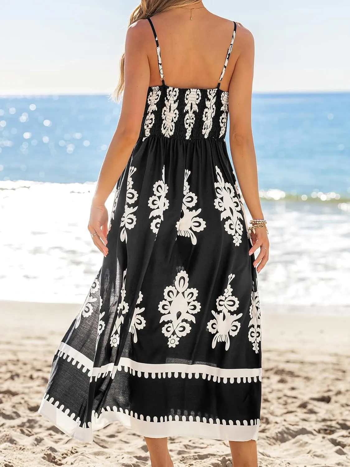 CUPSHE Women's Summer Maxi Dress V Neck Paisley Slit Cami Long Dress Beach Sundress