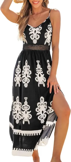 CUPSHE Women's Summer Maxi Dress V Neck Paisley Slit Cami Long Dress Beach Sundress