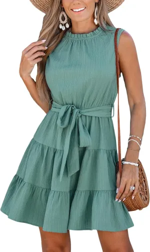 CUPSHE Women's Summer Mini Dress Tie Waist Belted Sleeveless Ruffled Round Neck A Line Swing Short Dress