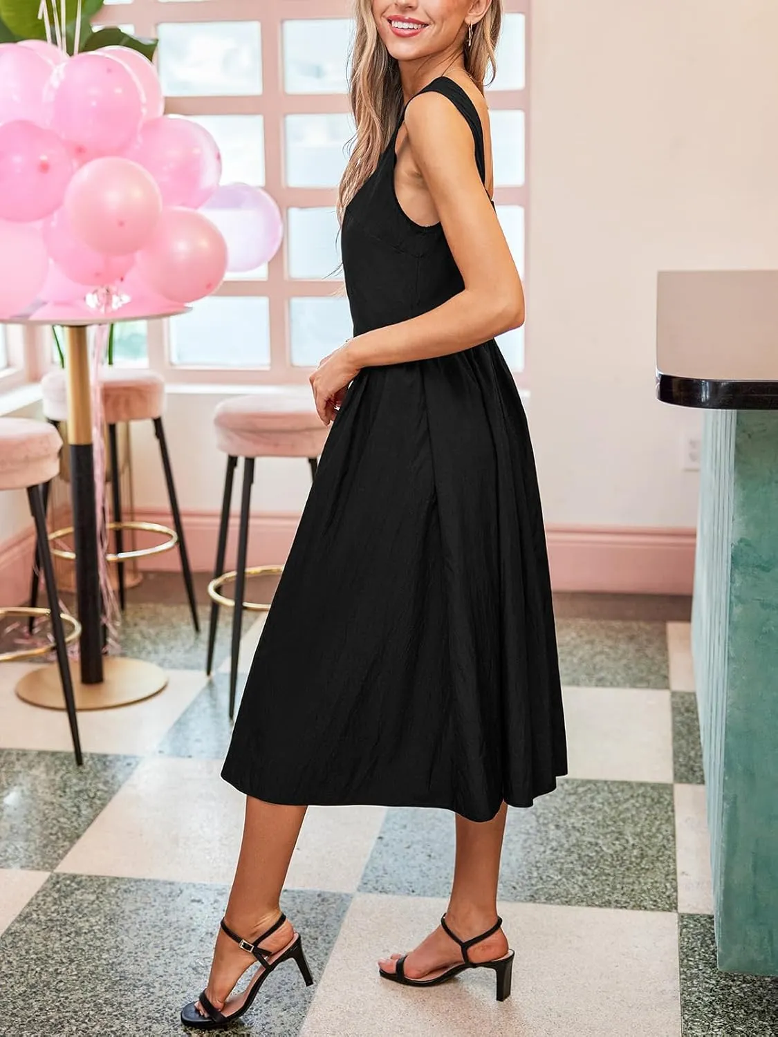 CUPSHE Women's Summer Sleeveless Midi Dress Square Neck Smocked Casual A Line Beach Sundress