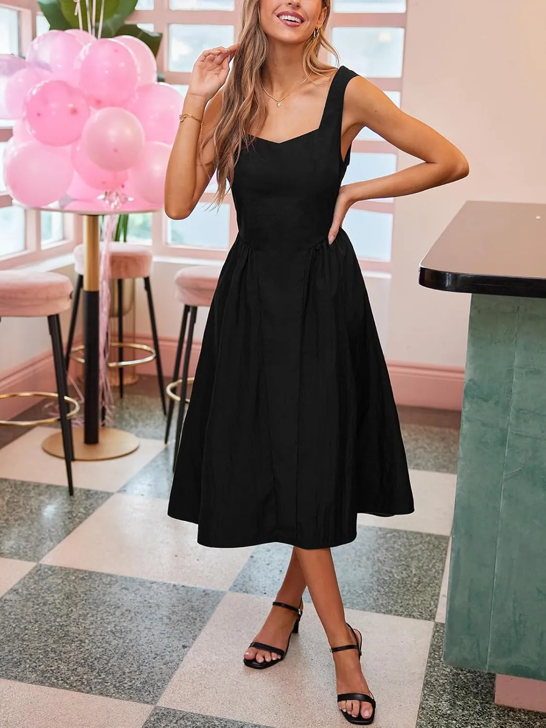 CUPSHE Women's Summer Sleeveless Midi Dress Square Neck Smocked Casual A Line Beach Sundress