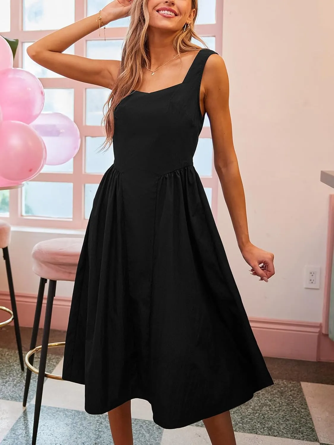 CUPSHE Women's Summer Sleeveless Midi Dress Square Neck Smocked Casual A Line Beach Sundress