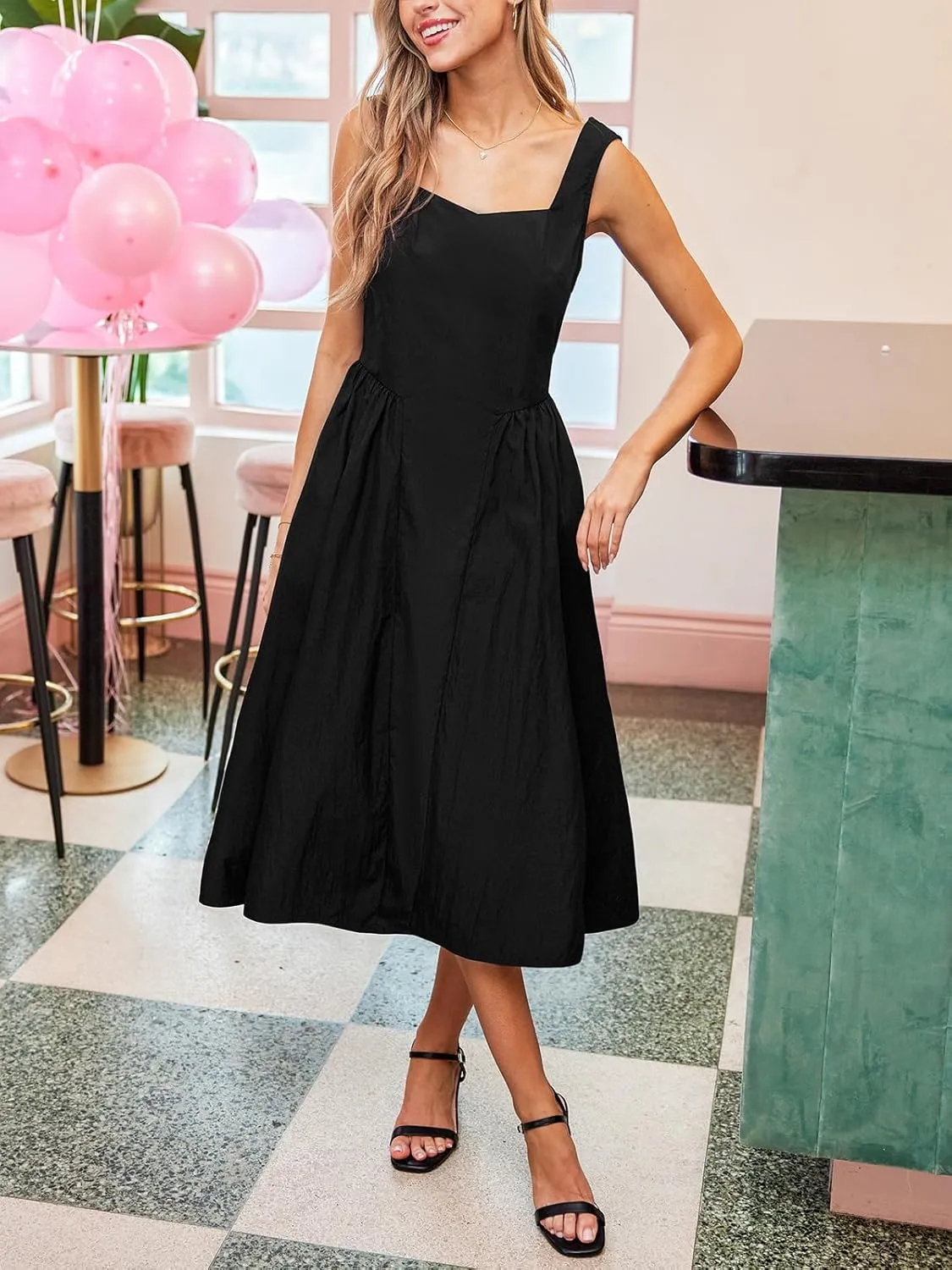CUPSHE Women's Summer Sleeveless Midi Dress Square Neck Smocked Casual A Line Beach Sundress