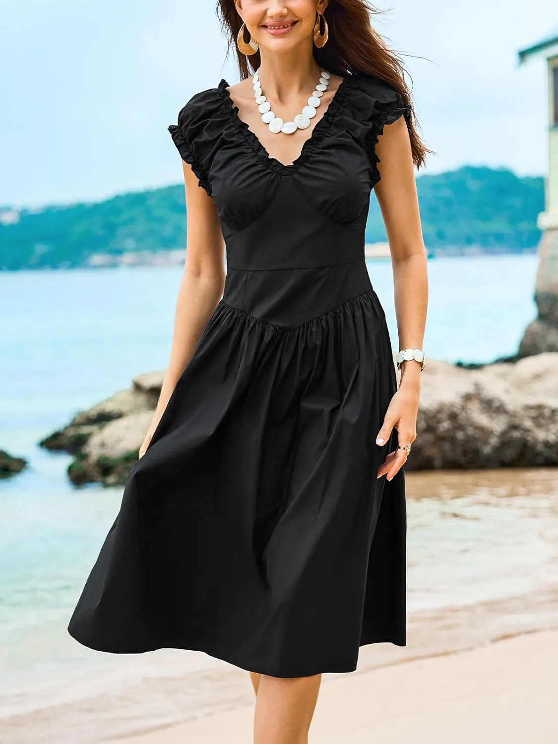CUPSHE Women's Summer V Neck Midi Dress Sleeveless Ruffle A Line Beach Casual Sundress