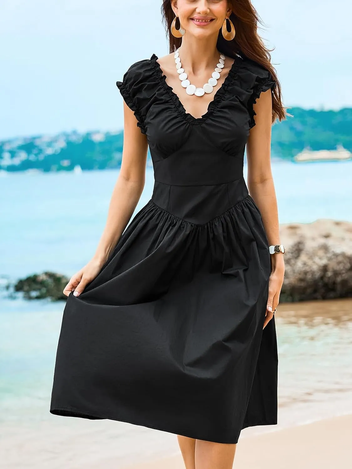 CUPSHE Women's Summer V Neck Midi Dress Sleeveless Ruffle A Line Beach Casual Sundress
